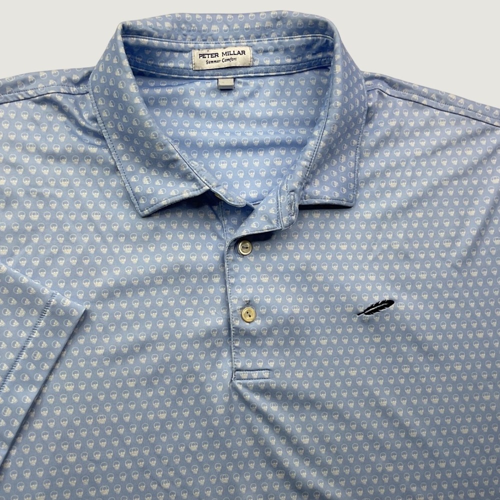 Peter Millar Summer Comfort Mens XL Golf‎ Polo Shirt Blue Skull Print Feather
